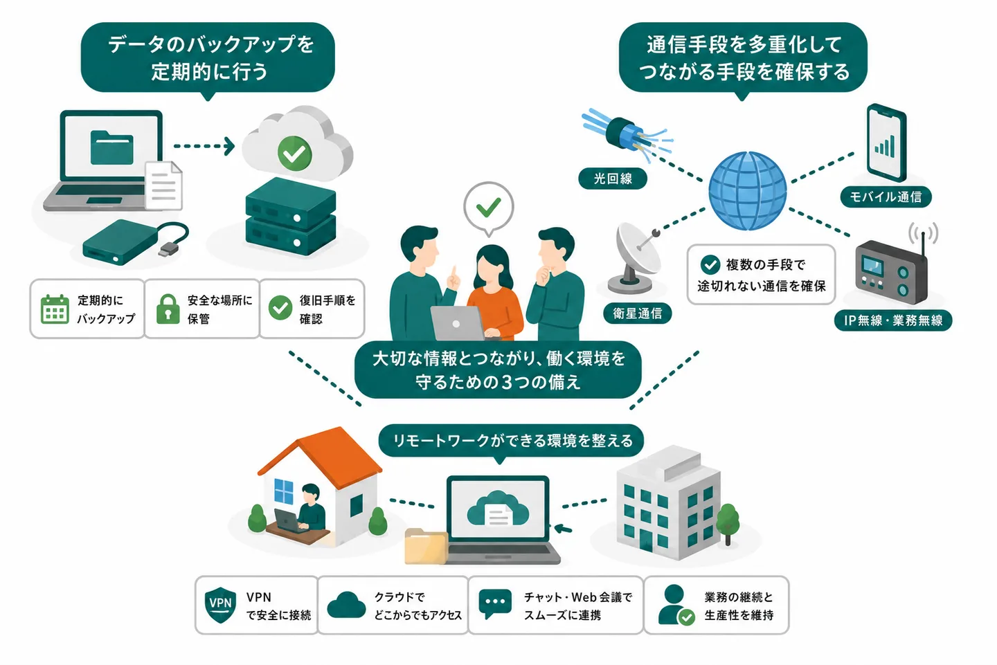 データバックアップの基本：3-2-1ルール（3つのコピー・2種類の媒体・1つは遠隔地）、クラウドバックアップの活用、復元テストの定期実施。