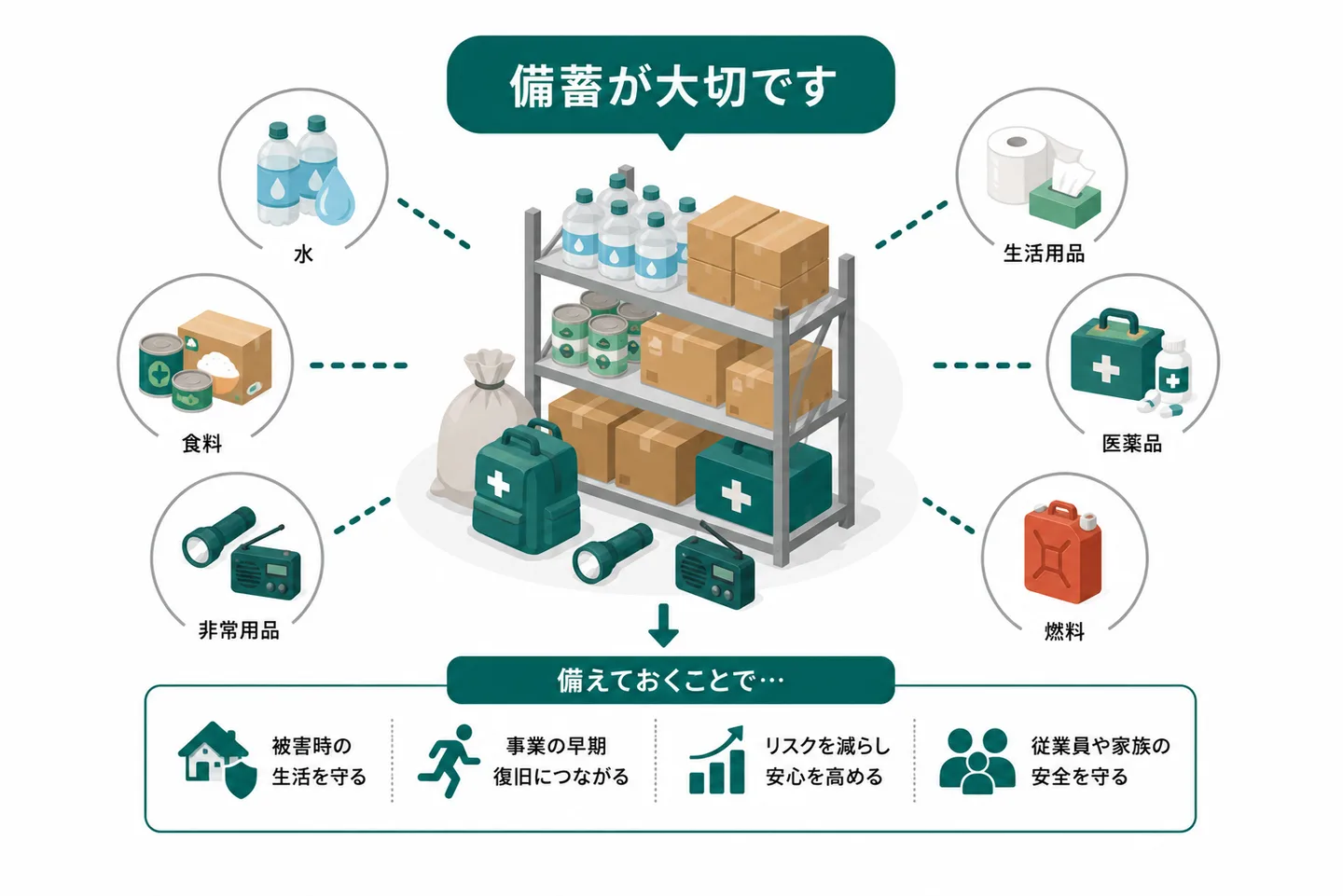 事業所の備蓄品一覧：飲料水9L・食料9食分・簡易トイレ15回分・毛布・懐中電灯（従業員1人あたり3日分）、救急セット・衛生用品・工具類・ラジオ・現金。