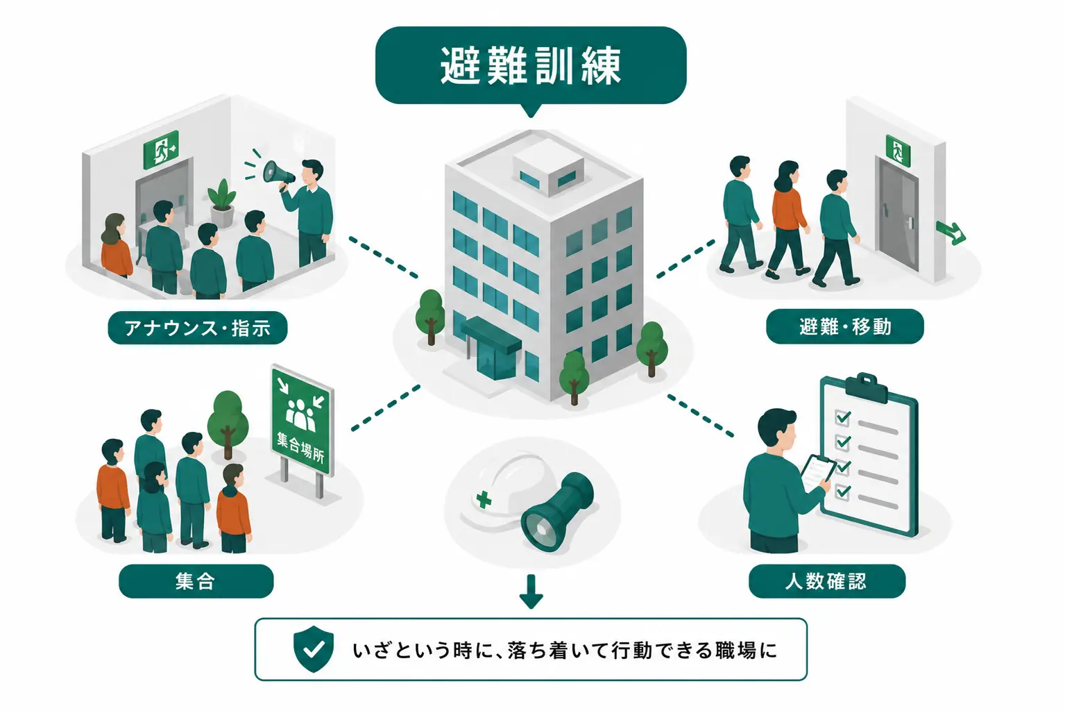 避難訓練の流れ：アナウンス・指示で避難を開始し、避難経路を移動して集合場所に集まり、点呼で人数を確認する。